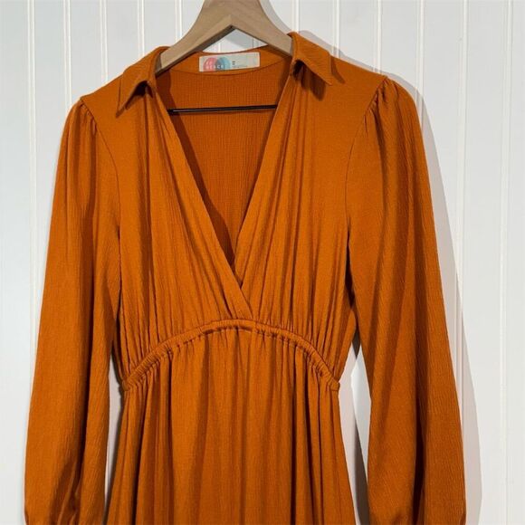 Free People FP Beach Rust Orange Waffle Knit Maxi Dress XS Collared Boho Fall - Picture 6 of 8